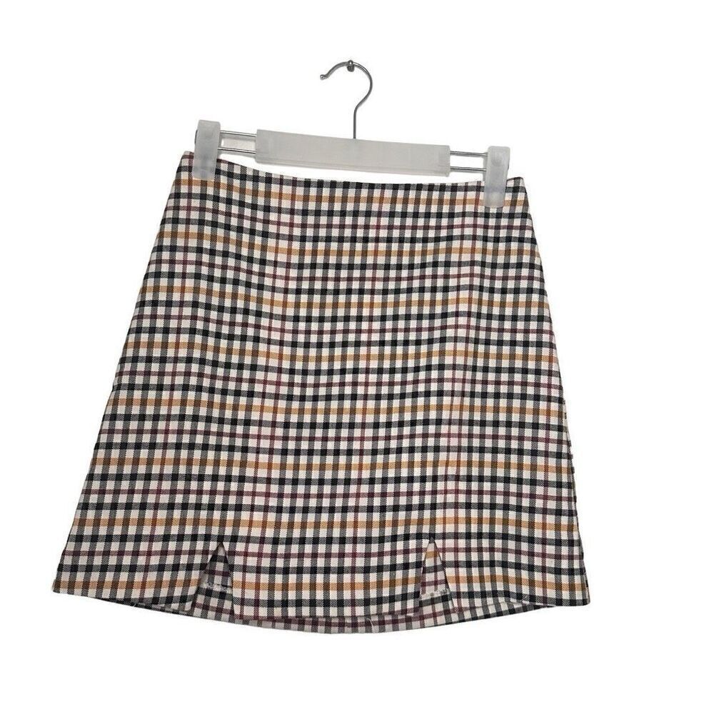 Gianni Bini Plaid Front Double Slit Back Zip Stretch A-Line Mini Skirt Multicolo